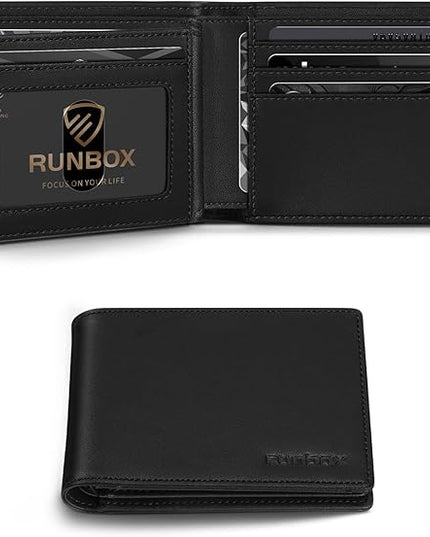 RUNBOX Wallet for Men Bifold RFID Blocking Wallets with 2 ID Window 14 Card Holders 1 cash pocket 1 Gift Box