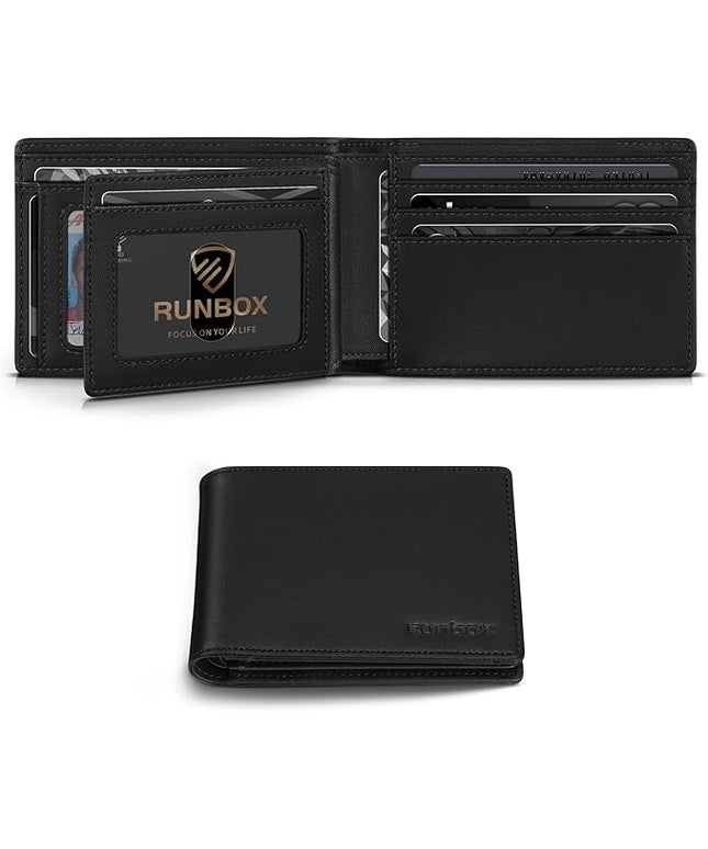 RUNBOX Wallet for Men Bifold RFID Blocking Wallets with 2 ID Window 14 Card Holders 1 cash pocket 1 Gift Box