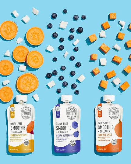 Serenity Kids 6+ Months Dairy-Free Smoothie Baby Food Pouches - Grass-Fed Collagen Protein - USDA Organic Baby Snacks & No Added Sweeteners - 3.5 Oz, 8 Pack