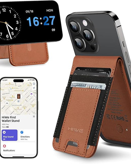 HiWe for MagSafe Wallet Stand with Find My, Anti-Lost Strongest Magnetic Wallet for iPhone 17/16/15/14/13/12 Series, 9 Cards Holder, Leather RFID, Brown