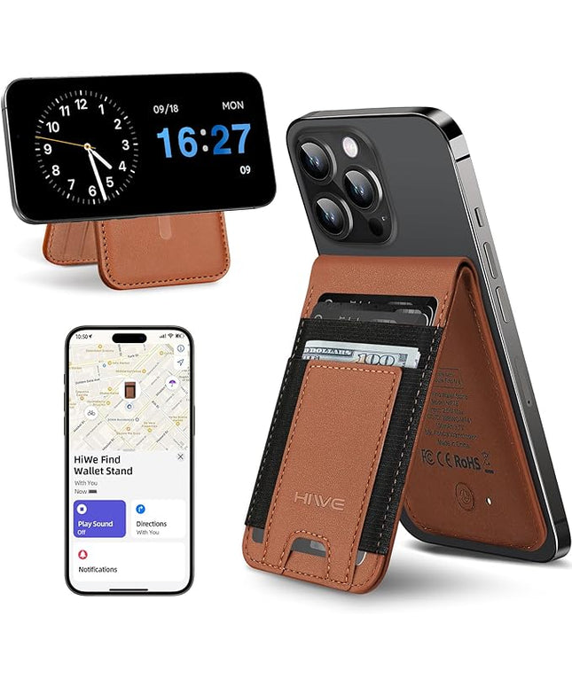 HiWe for MagSafe Wallet Stand with Find My, Anti-Lost Strongest Magnetic Wallet for iPhone 17/16/15/14/13/12 Series, 9 Cards Holder, Leather RFID, Brown