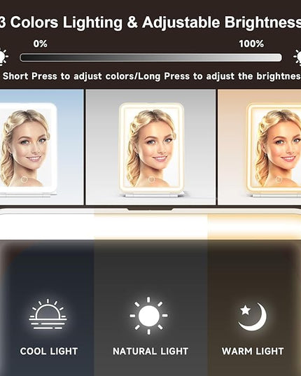 Mocado LED Foldable Travel Makeup Mirror - 5x7 inches 3 Colors Light Modes USB Rechargeable Touch Screen, Portable Tabletop Cosmetic Mirror for Travel, Cosmetic, Office (White)