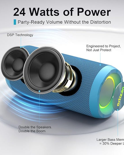 Ortizan Wireless Portable Bluetooth Speaker, IPX7 Waterproof, Dustproof and Rustproof, Powerful 24W Sound, Enhanced Bass, 30-Hour Battery, 360° Party Light, and Stereo Pairing (BT 5.3), Gifts - Blue