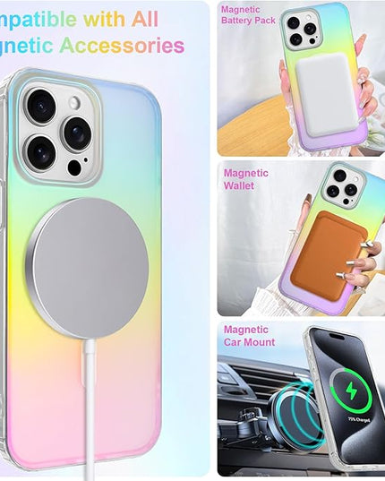 Cute Case for iPhone 15 Pro Max Case for Women Girls [Compatible with Magsafe] Aesthetic Girly Glitter Bling Rainbow Magnetic Protective Phone Cover, Translucent Iridescent Blue & Pink