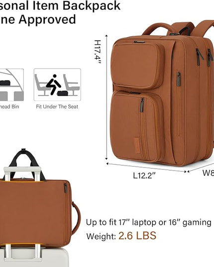 Hanke Convertible Laptop Bag, 3 In 1 Briefcase Backpack 17.3 Inch Computer Bag for Men Women, Travel Laptop Briefcase Messenger Bag, Underseat Carry On Personal Item, Reddish Brown