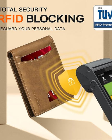 RUNBOX Wallet for Men Slim Leather Bifold RFID Blocking Minimalist Front Pocket Design with Gift Box