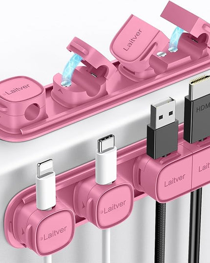 6 Pack Magnetic Cable Clips [1s Open/Lock], Laitver Cord Organizer Holder Strong Adhesive Desk Cable Management- Organize Charging Cords Neatly for Home, Office, Car,Desk, Nightstand-Rose Red