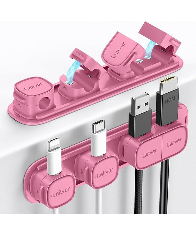 6 Pack Magnetic Cable Clips [1s Open/Lock], Laitver Cord Organizer Holder Strong Adhesive Desk Cable Management- Organize Charging Cords Neatly for Home, Office, Car,Desk, Nightstand-Rose Red
