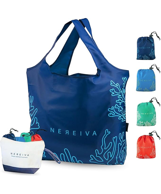 4 Pack Foldable Grocery Bags into Tiny Pouch - Large Capacity Multi-Color, Great for Travel, Durable, Washable Packable Shopping Bag, Comes with a Carry Pouch, Lightweight