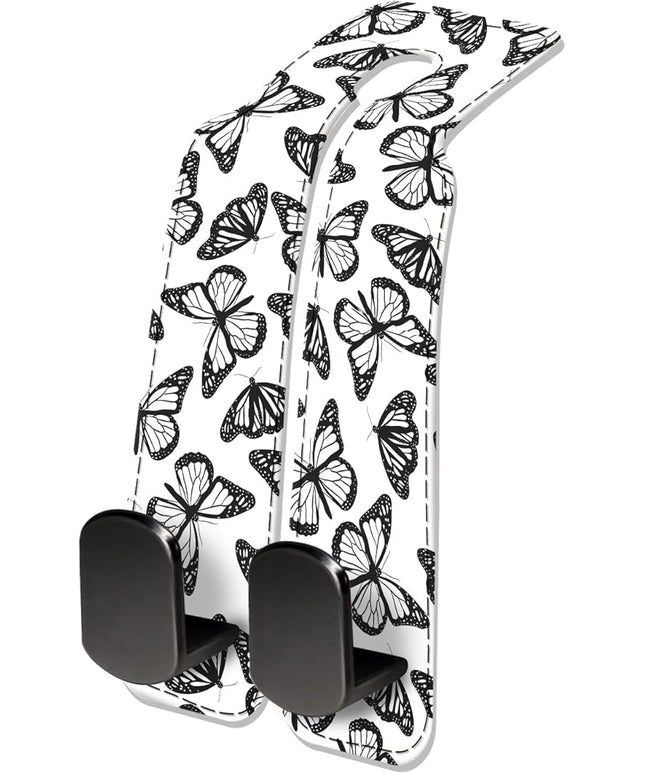 Car Seat Headrest Hook, Universal Leather Cute Hanger Holder Hook, Storage Organizer Interior Accessories for Purse Bags Handbag Black White Cute Butterfly