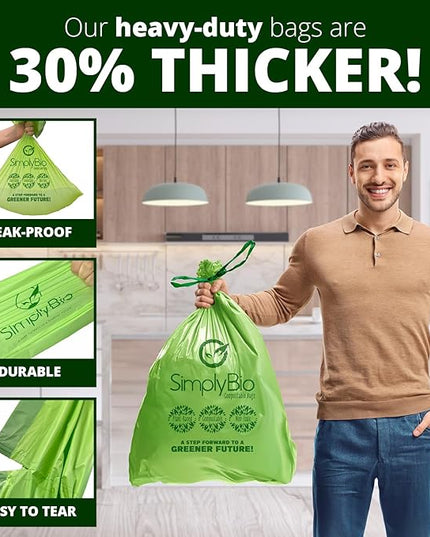 Simply Bio 13 Gallon Compostable Trash Bags Liners Drawstring, Heavy Duty Extra Thick 1 Mil, 49.21 Liter, 30 Bags, Tall Kitchen Food Scrap Waste Bag, ASTM D6400, US BPI and OK Compost Home Certified