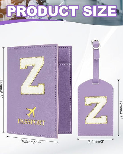 PATIKIL Passport Holder for Travel, Initial Passport Cover and Luggage Tag Set with Alphabet Chenille Letter Patch Travel Wallet Bag Suitcase Identifier for Women Family Travel Purple Z