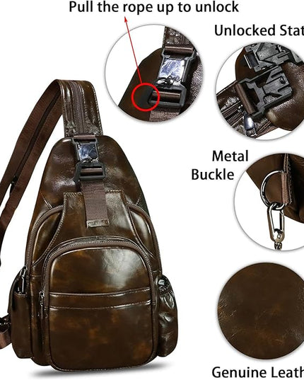 Genuine Leather Sling Bag for Men and Women Handmade Sling Backpack Purse Chest Over Shoulder Crossbody Bag Large Capacity (Coffee)