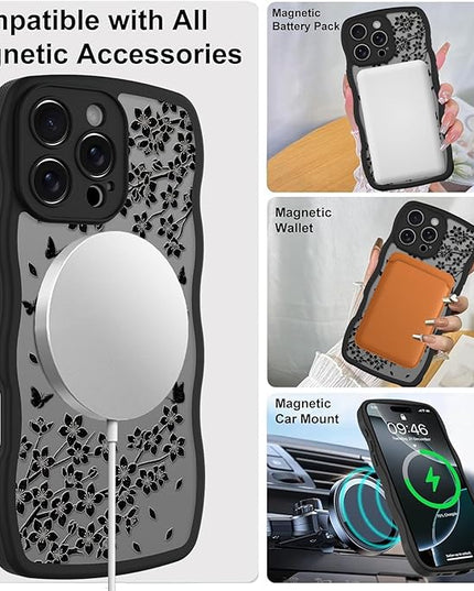Wavy Case for iPhone 16 Pro Max Case with Stand [Compatible with MagSafe] Cute Black Cat & Floral & Butterflies Pattern Design, Kawaii 360 Magnetic Ring Kickstand Phone Cover for Women Girls