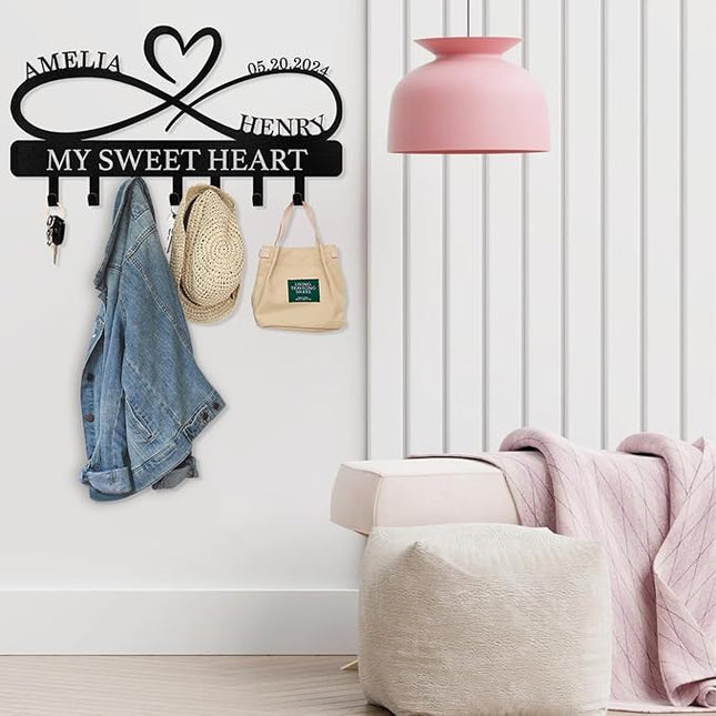 Dyoart Personalized Key Holder Wall Mount, Custom Couple's Name Key Holder for Wall, Love Shape Wedding Couple Gifts, Metal Key Rack Coat Rack, Key Rack Organizer for Bedroom Hallway Decor