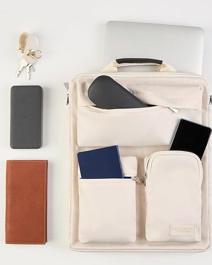 BAREFOOT CARIBOU Over Luggage Organizer for Carry On Bag or Suitcase with Storage Pockets, 16” Laptop Sleeve with Handle, Travel Accessories Bag Slide On Luggage Harness with Adjustable Straps (Ivory)