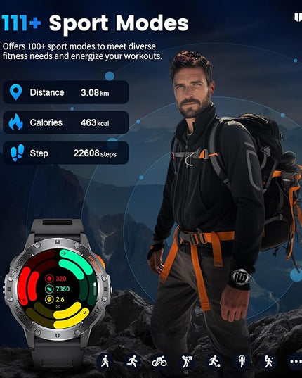 LIGE Military Smart Watches for Men(Answer/Make Calls) with LED Flashlight,530mAh Large Battery,1.43’’ AMOLED Fitness Tracker Heart Rate/SpO2/Sleep Monitor 5ATM Smartwatch for Android iOS,Silicone