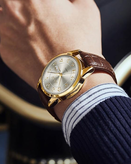 Mens Leather Watch Large Face Classic Quartz Mens Analog Watches Luxury Dress Watches for Men Waterproof Men's Wrist Watch Easy Read with Date Number Dial Relojes para Hombre