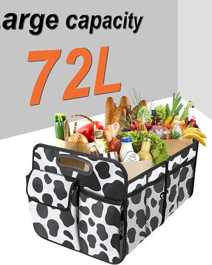 Trunk Organizer for Car, 72L Collapsible Waterproof Car Organizers and Storage, Car Accessories for Women and Men, Multi-Compartment Storage Organizer for SUV, Cow Print