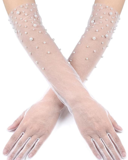 Long Pearl Wedding Gloves Tulle White Gloves for Women Sheer Bridal Lace Elbow Length Glove for Opera Party Brides