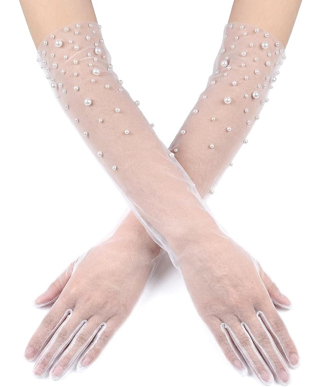 Long Pearl Wedding Gloves Tulle White Gloves for Women Sheer Bridal Lace Elbow Length Glove for Opera Party Brides
