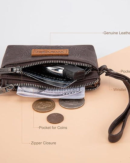 Montana West Wrangler Coin Purse for Women RFID-blocking Floral Embossed Change Pouch Wristlet Wallet Lightweight Portable Wallets Coffee