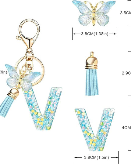 Fashion Alphabet Initial Letter Keychain Tassel Butterfly Pendant Key Ring for Purse Handbags Women Girl