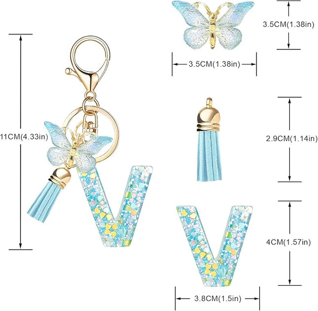 Fashion Alphabet Initial Letter Keychain Tassel Butterfly Pendant Key Ring for Purse Handbags Women Girl