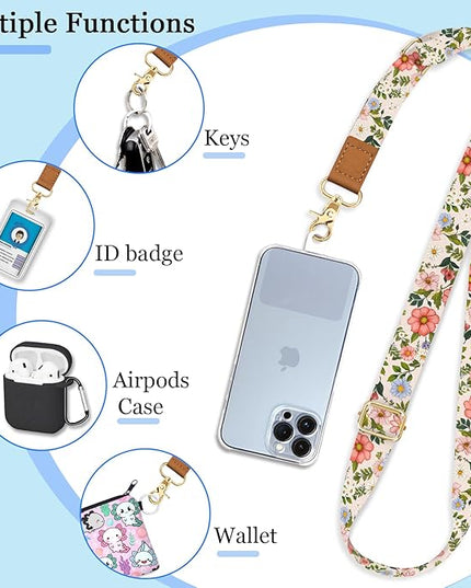 Flower Phone Lanyard Crossbody Strap, Floral Cell Phone Lanyards for around the Neck Wristlet Wrist Strap Adjustable for Keys Case Accessories Travel Essentials