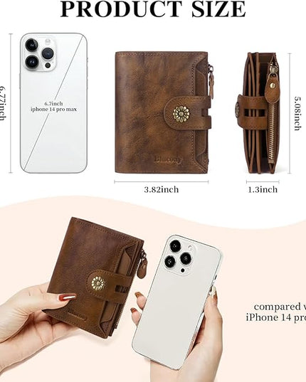 Blucoay Wallet Women,RFID Blocking Leather Womens Wallet Bifold Compact Card Holder Small Wallet for Women with Removable ID Window Darkbrown