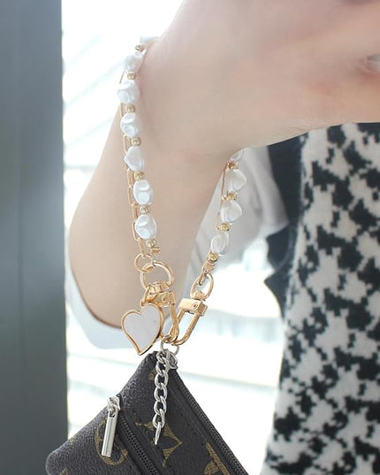 Pearl Beaded Phone Charm Wrist Strap,Cute Bracelet Wristlet Lanyard,Gold Double Chain for Phone Case,Purse Bag Wallet