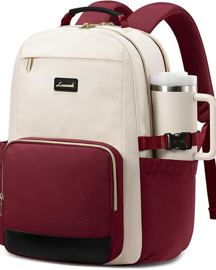 LOVEVOOK Laptop Backpack for Women with Pouch Pocket for Large Capacity Cup,15.6 Inch Teacher Nurse College Work Backpack Purse,Waterproof Laptop Bag Computer Back Pack for Travel, Beige-Red-Black