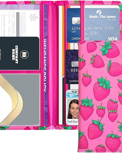 Car Registration and Insurance Holder with Magnetic Closure, Universal Document Organizer for License, Insurance Cards & Glove Box Storage (Strawberry-Hot Pink)