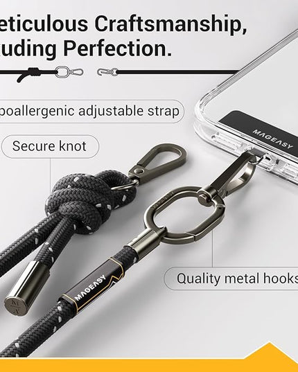 MAGEASY Universal Cell Phone Lanyard - Anti-Theft Thick Rope Crossbody Phone Strap for iPhone 17 Pro Max & Most Smartphones, for Men & Women | 8.3mm Reflect Black