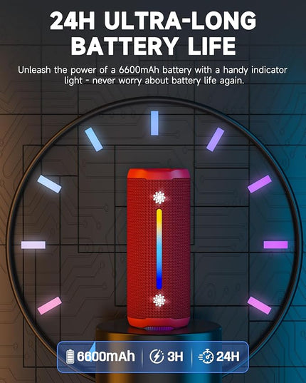 OHAYO Bluetooth Speaker, Portable Wireless, IPX7 Waterproof, Powerful 25W Sound, 24H Playtime, Dual Pairing, Active Bass, Colorful Lights, Bluetooth 5.3, Outdoor Speakers for Home/Party/Beach, Red