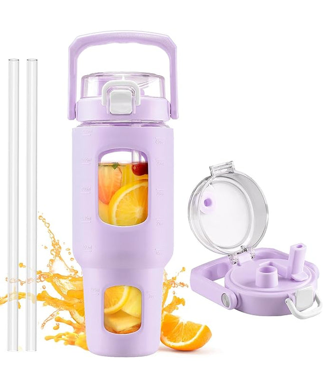 BLUEGO 40oz Glass Tumbler with Lid and Straw, Glass Water Bottles with Handle, Glass Cup with Time Marker and Silicone Sleeve, Fits Most Cup Holder, Leak-proof, Purple