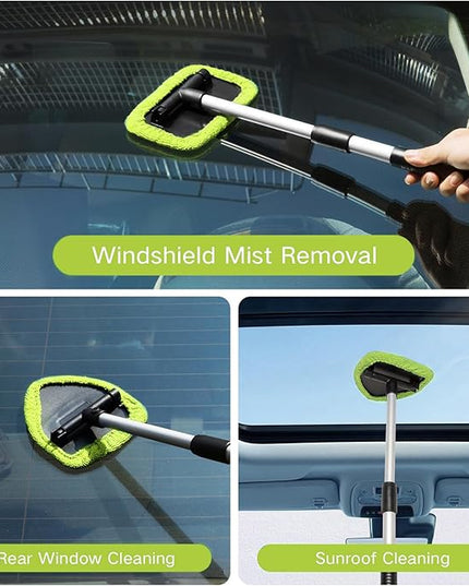 11pcs Windshield Cleaner Tool, Car Window Cleaning Wash Kit with 6 Reusable Microfiber Pads 2 Spray Bottles and Extendable Handles Auto Glass Wiper Kit, Green