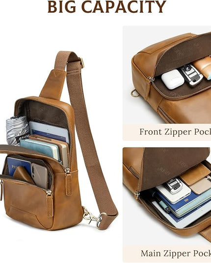 S-ZONE Sling Bag for Men Women RFID Blocking Genuine Leather Crossbody Shoulder Bag Backpack Hiking Daypack Travel