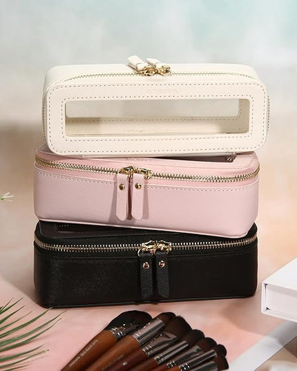 Aveniee Clear Makeup Brush Bag, Slim Cosmetic Brush Holder, small Toiletry Bag Mini Travel Case for Women, Thin Make up Bags with Dual Zipper, Cute Travel Essentials Organizer,Pink