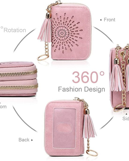 APHISON RFID Credit Card Holder Zipper Card Case Keychain Small Wallet for Women 1942-2 PINK