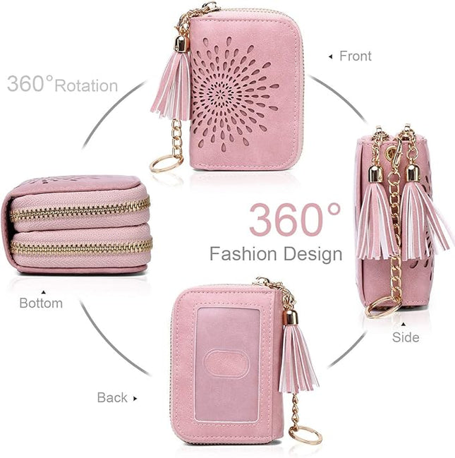 APHISON RFID Credit Card Holder Zipper Card Case Keychain Small Wallet for Women 1942-2 PINK