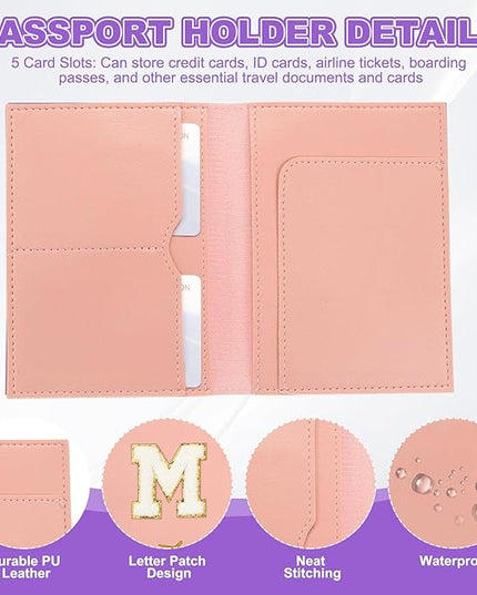 PATIKIL Passport Holder for Travel, Initial Passport Cover and Luggage Tag Set with Alphabet Chenille Letter Patch Travel Wallet Bag Suitcase Identifier for Women Family Travel Pink M