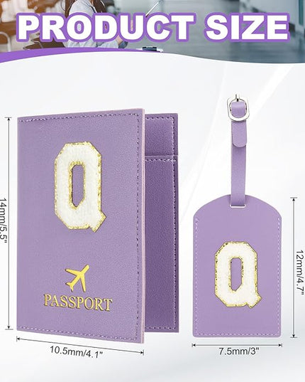 PATIKIL Passport Holder for Travel, Initial Passport Cover and Luggage Tag Set with Alphabet Chenille Letter Patch Travel Wallet Bag Suitcase Identifier for Women Family Travel Purple Q