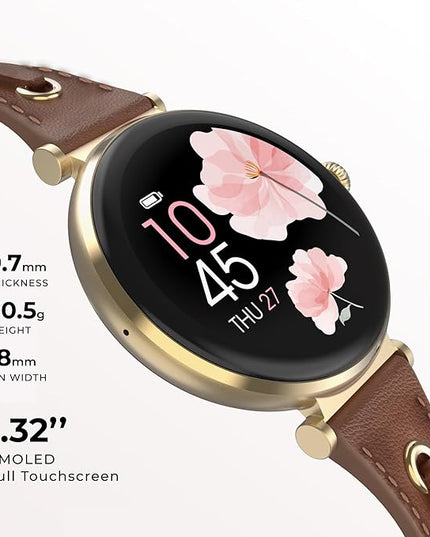 iTouch Bloom Smartwatch – 1.32” AMOLED Display, Bluetooth Calling, 60+ Sports Modes, Heart Rate, SPO₂, Sleep & Stress Monitor, IP68 Waterproof – Android & iOS (Gold/Brown w/PU Strap)