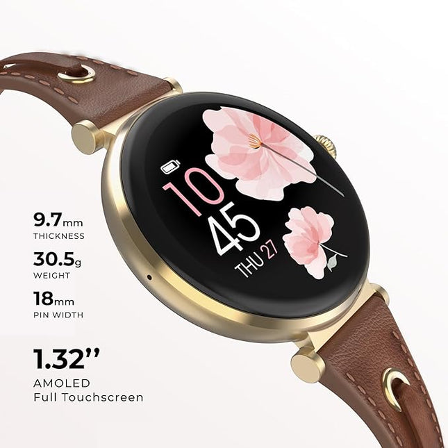 iTouch Bloom Smartwatch – 1.32” AMOLED Display, Bluetooth Calling, 60+ Sports Modes, Heart Rate, SPO₂, Sleep & Stress Monitor, IP68 Waterproof – Android & iOS (Gold/Brown w/PU Strap)