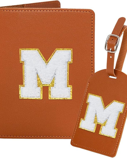 ULICO Initial Passport Cover and Luggage Tag Set,PU Leather Letter Passport Case Holder Travel Suitcase Tag, Personalized Travel Luggage Accessories Gifts for Women Kids Teenage Brown M