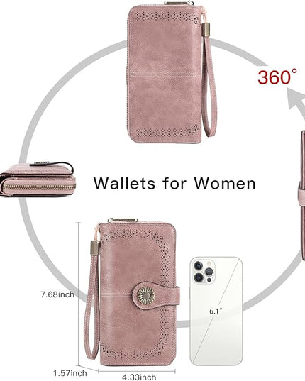 SENDEFN Wallet for Women RFID Blocking Leather Clutch Long Purse Large Capacity Credit Card Holder Wristlet