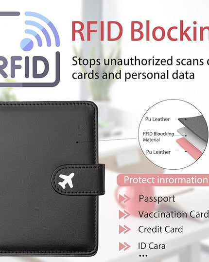 Passport Holder, Travel Wallet Cover with Pen Loop | Cute RFID Blocking Leather Case with Magnetic Closure for Travel Essentials-Black