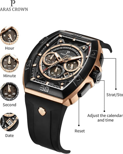 Paras Crown Watches for Men Tonneau 5ATM Waterproof Quartz Luxury Chronograph Analog Men's Wrist Watches Stainless Steel Case Mens Watches