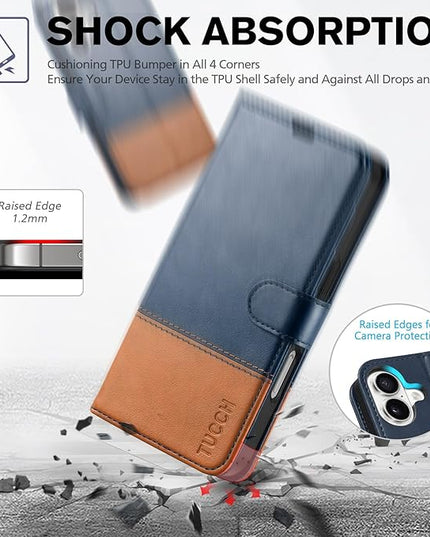 TUCCH Wallet Case for iPhone 16, Kickstand [RFID Blocking] [4 Card Slots] TPU Interior Protective Case, Magnetic Folio Shockproof PU Leather Flip Cover Compatible with iPhone 16 5G, Blue&Brown